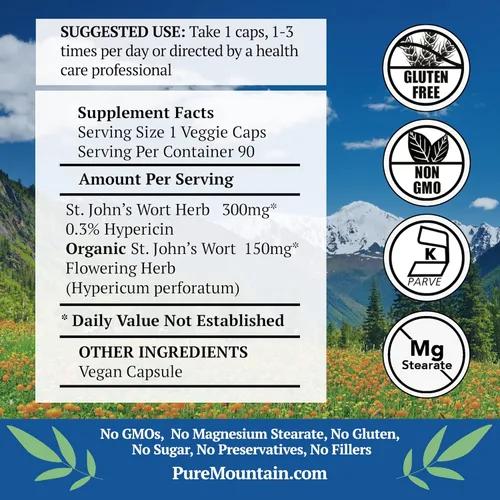 Miniatura 2 de Pure Mountain Botanicals Cápsulas de hierba de San Juan - 450 mg de hierba orgánica y extracto - estandarizado al 3% de hipericina - 90 cápsulas