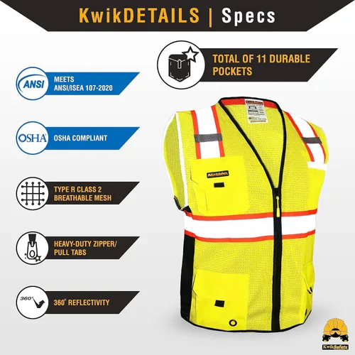 Miniatura 5 de KwikSafety - Chaleco de Seguridad BIG KAHUNA Edición Base y Edición Limitada Chaleco Reflectante Clase 2 ANSI OSHA para Hombre Amarillo