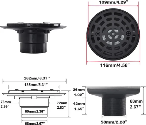Miniatura 2 de Kit de drenaje de ducha redondo RANDOM en negro mate con brida base ajustable, cubierta de drenaje de ducha de 4 pulgadas con adaptador roscado