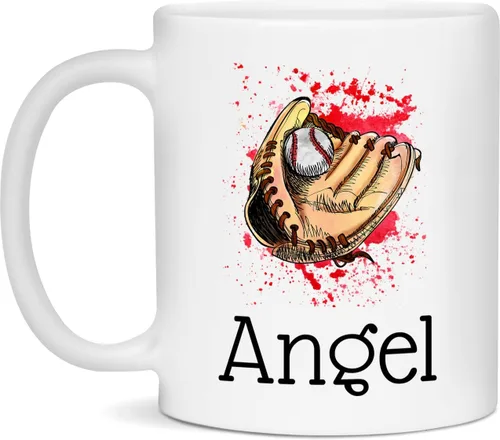 Taza de béisbol personalizada con nombre, guante, acuarela, para taza de ángel, taza de ángel, taza de 11 onzas