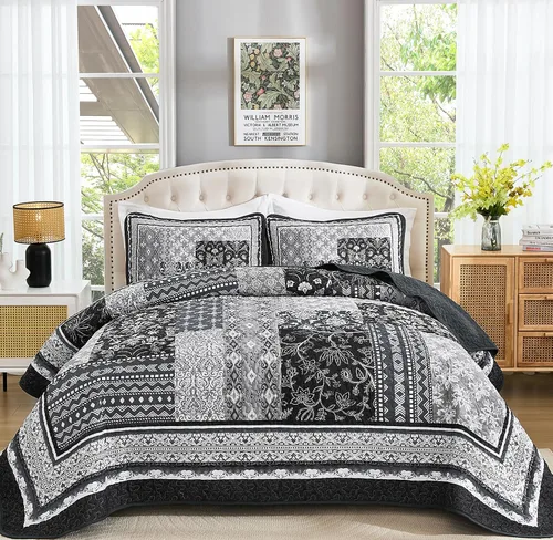 Miniatura 18 de WONGS BEDDING Juego de edredón bohemio tamaño matrimonial, juego de colcha de retazos beige de 3 piezas, juego de ropa de cama de microfibra suave