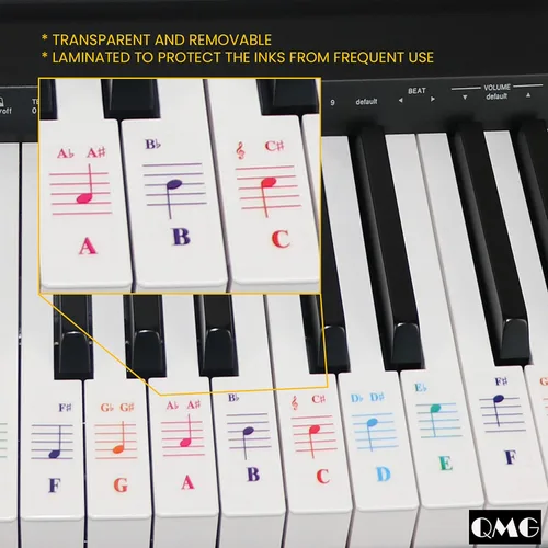Miniatura 4 de QMG Calcomanías para teclado de piano para 88/76/61/54/49/37 teclas grandes para aprendizaje, letras extraíbles para teclado de piano, etiqueta
