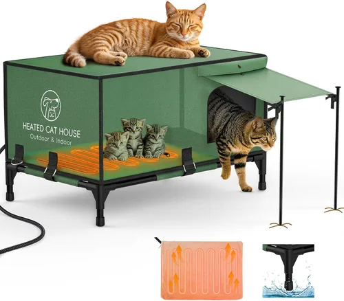 Pawaboo - Casa para gatos indestructible con calefacción para exteriores en invierno, toldo 100% impermeable y base elevada, refugio para gatos al