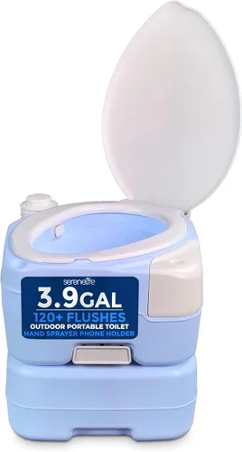 SereneLife Inodoro portátil de 4 galones para acampar para adultos, más de 100 descargas, inodoro de campamento porta orinal con soporte para