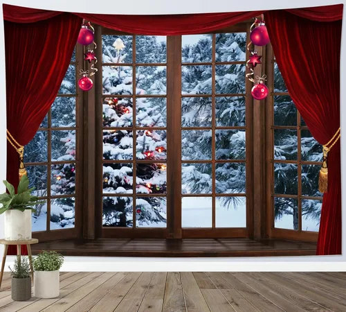 Miniatura 20 de LB Tapiz de Navidad de invierno, ventana de invierno exterior, pino nevado en bosque, tapiz de pared para dormitorio, paisaje de montaña, arte