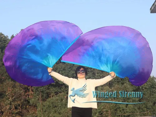 Miniatura 5 de Winged Sirenny Banderas de seda de ala de ángel de adoración de 70 pulgadas con varillas flexibles, bandera de seda translúcida circular pintada a