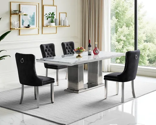 Miniatura 26 de Moderno juego de mesa de comedor de mármol sintético de 68.11 pulgadas para 6, mesa de comedor de mármol blanco y plateado con 6 sillas de Blanco
