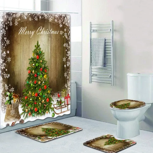 Miniatura 22 de Juego de 4 cortinas de ducha con alfombra antideslizante, cubierta para tapa de inodoro y tapete de baño, cortina de ducha de Papá Noel con 12