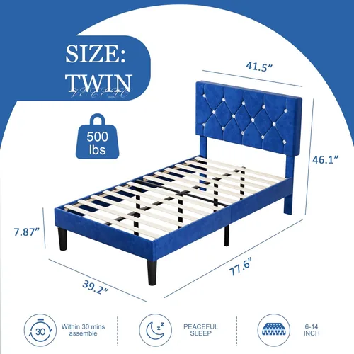 Miniatura 2 de VECELO Base de cama de tamaño individual, plataforma tapizada con cabecera ajustable de diamante, soporte de listones de madera, no necesita somier