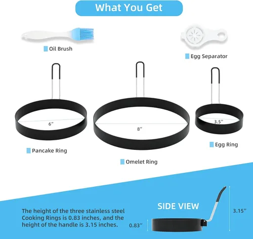 Miniatura 6 de Anillo de tortilla de 8 pulgadas, anillo para panqueques de 6 pulgadas y anillo de huevo de 3.5 pulgadas para parrilla, paquete de 3 moldes