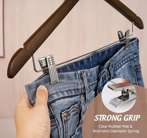 Miniatura 6 de Perchas de madera con clips, paquete de 16 perchas de madera para faldas con clips, perchas de madera de nogal seleccionada de alta calidad