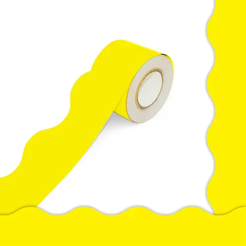 60 pies de bordes para tablero de anuncios, borde festoneado rodado de color amarillo puro con diseño de línea ondulada para decoración de escuela,
