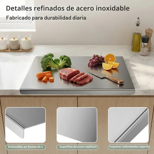 Miniatura 4 de Tabla de cortar de acero inoxidable con labio, tabla de cortar de cocina para cortar carne, verduras y frutas, 16 × 12 × 0.8 pulgadas