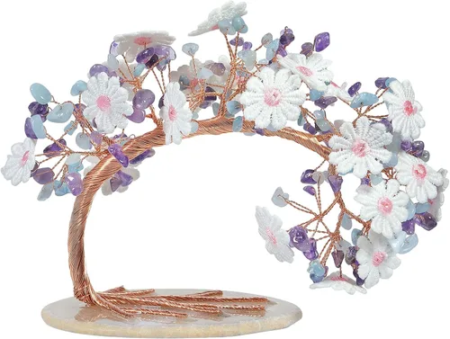 Miniatura 7 de Árbol de dinero con flores bordadas de cristal con base de ágata, buena suerte, Feng Shui, árbol bonsái para decoración de mesa de oficina en casa