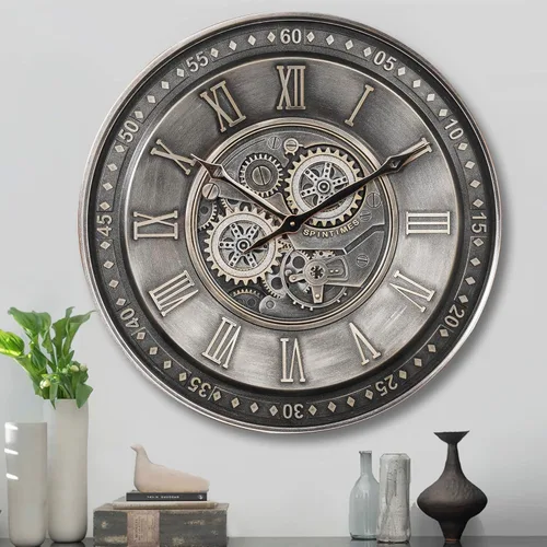 Miniatura 9 de CLXEAST Reloj de pared grande de 24 pulgadas con engranaje móvil para decoración de sala de estar, relojes de pared con números romanos de metal