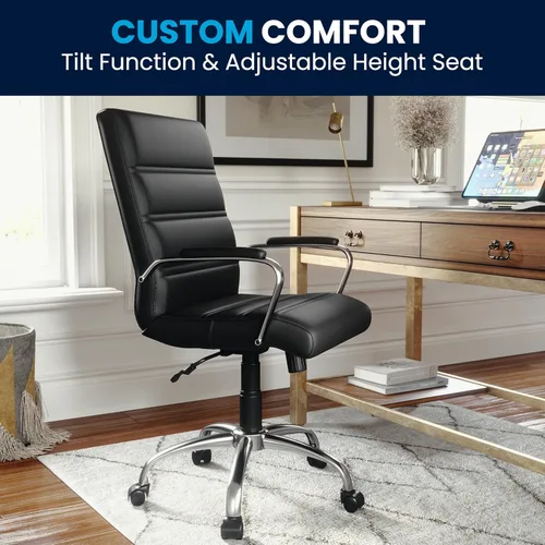 Miniatura 8 de Flash Furniture - Silla giratoria Whitney de respaldo medio con asiento acolchado y reposabrazos de LeatherSoft, silla de oficina ajustable en Negro