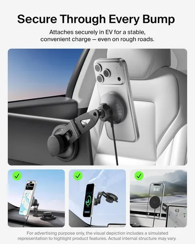 Miniatura 3 de Belkin Soporte de teléfono Tesla, soporte magnético inalámbrico para automóvil para vehículos eléctricos (imán fuerte) con cable USB C de 3.3 pies
