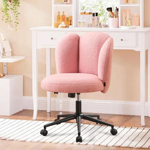 Miniatura 10 de Furniliving Silla de escritorio redonda sin brazos, pequeña silla tapizada de terciopelo con ruedas, silla de tarea ajustable giratoria con ruedas