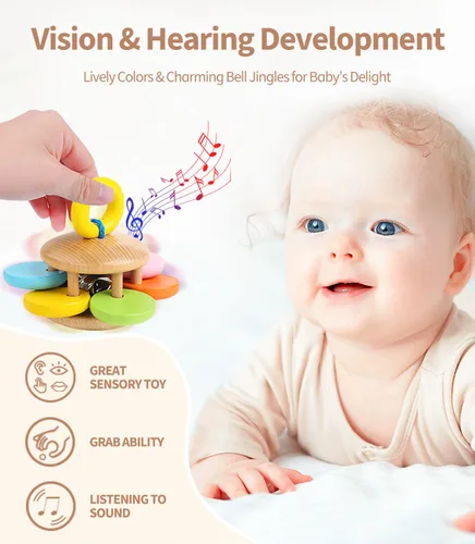 Miniatura 5 de 6 piezas de sonajero de madera para bebé, juego de sonajeros de mano de bebé orgánicos coloridos, sonajeros de madera para bebés de 0-6-12 meses