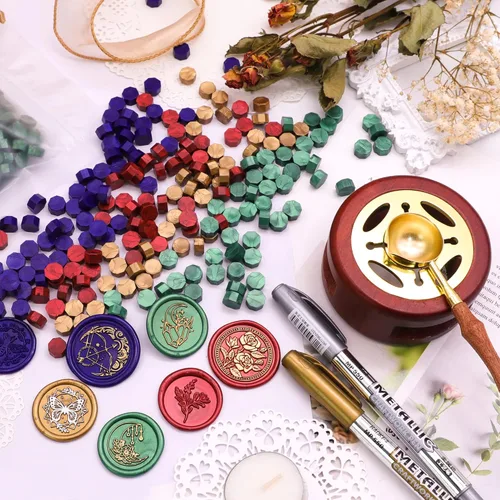 Miniatura 3 de SWANGSA Kit de cera de sellado, 1450 cuentas de cera de sellado, verde metálico, calentador de sello de cera, cuchara de cera, bolígrafo de sello