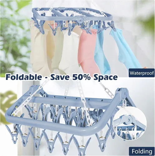 Miniatura 6 de Tendedero de ropa con 32 pinzas para la ropa, estantes de secado plegables Bule, gancho giratorio de 360° para secar toallas, sujetadores, ropa