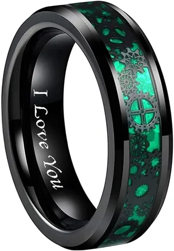 CROWNAL Anillo de boda de carburo de tungsteno con diseño de dragón celta negro de fibra de carbono verde de 0.236 in y 0.315 in, grabado "I Love