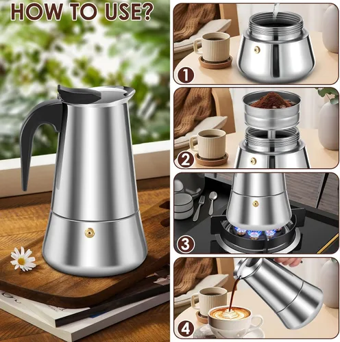 Miniatura 5 de Paquete de 2 ollas de café expreso Moka de acero inoxidable, 15.2 fl oz/15 oz/9 tazas para estufa y cocinas de inducción (2)