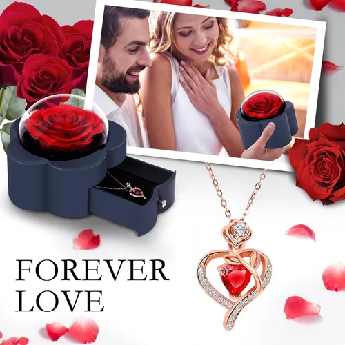Miniatura 4 de Rosa preservada con collar de corazón, regalo de flor eterna para mamá, esposa, novia, mujer, perfecto para el día de San Valentín, cumpleaños, Rojo