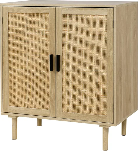 Miniatura 11 de Finnhomy Aparador Buffet de 4 Puertas, Gabinete de Almacenamiento de Cocina con Puertas Decoradas de Ratán, Mesa Consola de Alacena, Gabinete