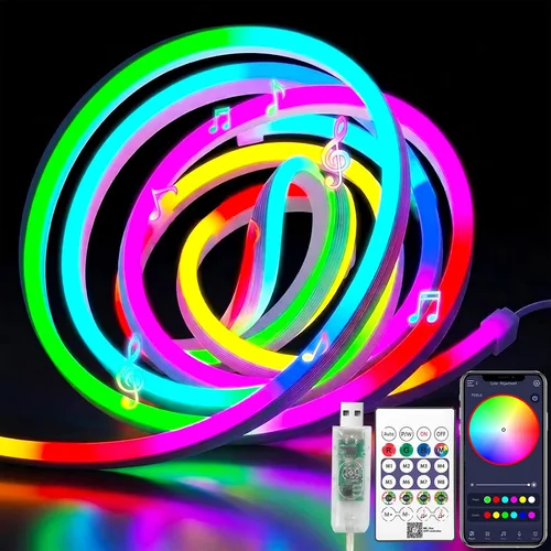 Tira de luz LED de neón inteligente IC de 6.56 pies, tira de luz LED con aplicación/control remoto, cambio de color, sincronización de música, tira
