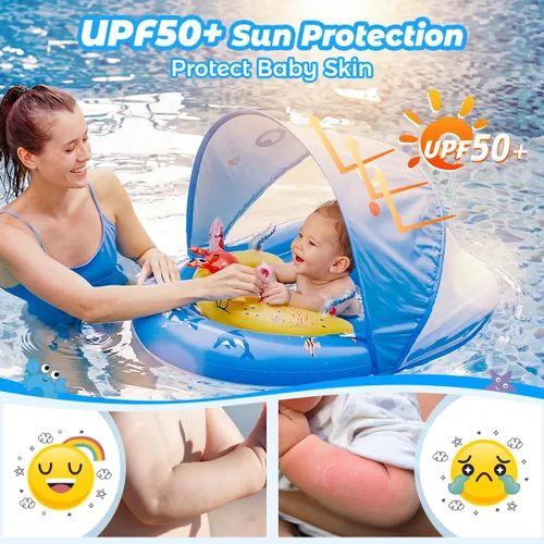Miniatura 3 de LAYCOL Baby Pool Float with Canopy UPF50+, 120°Adjustable Sun Protection and Anti-Tip Safety Seat, Inflatable Toddler Floaties Infant Pool Float Azul