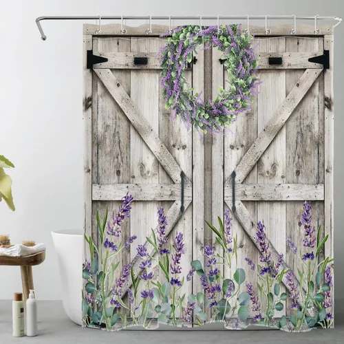 Miniatura 34 de Cortina de ducha con puerta de granero occidental para baño, lavanda púrpura y verde corona de eucalipto en tableros de madera rústica, cortina