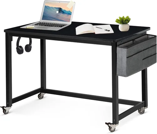 Miniatura 18 de AHB Escritorio para computadora con 4 ruedas lisas, escritorio móvil de estilo simple, mesa de estudio para oficina en casa, estación de trabajo