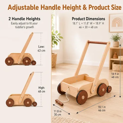 Miniatura 6 de Woodtoe Andador de madera para bebés, juguete de empuje antivuelco de velocidad ajustable para bebés que aprenden a caminar, juguetes naturales