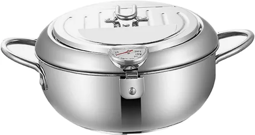 Miniatura 7 de Olla de acero inoxidable, sartén de aceite con termómetro, freidora de fondo plano desmontable de 7.9 in/9.4 in para anillos de calamar perfectos