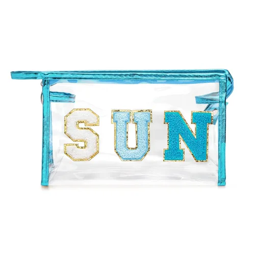 Y1tvei Preppy Patch SUN Varsity Letter - Neceser de cosméticos con cremallera de PVC transparente, bolsa de maquillaje, bolso de mano portátil,