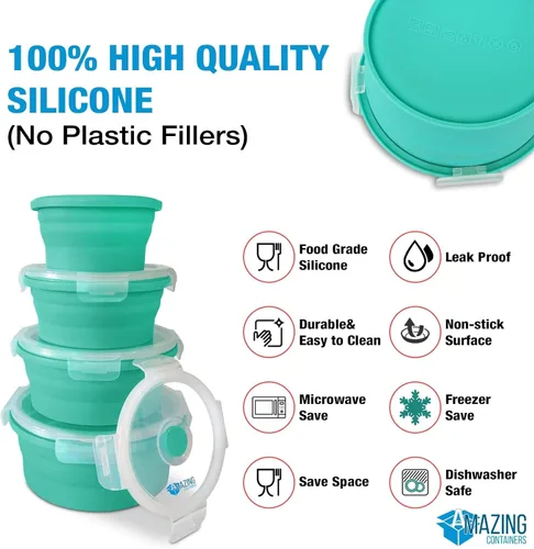 Miniatura 2 de Juego de 4 recipientes plegables de silicona para almacenamiento de alimentos con tapas, cuencos plegables para camping, almacenamiento