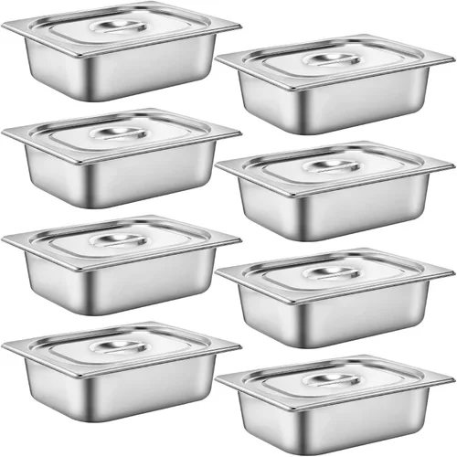 Thenshop Juego de 8 sartenes de acero inoxidable para mesa de hotel con tapas de 4 pulgadas, 1/2 de tamaño medio, sartenes de restaurante anti vapor