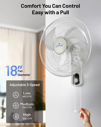 Miniatura 5 de iLiving Ventilador oscilante de montaje en pared con inclinación ajustable, 18 pulgadas, 3 velocidades, rejilla y hoja de metal, oscilación de 90