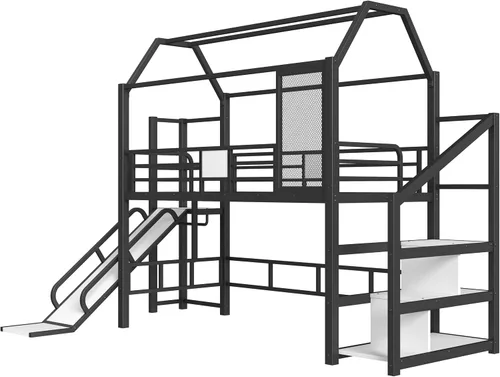 Miniatura 5 de Bellemave Cama Loft de Metal Tipo Casa Tamaño Twin con Tobogán y Escaleras, Marco de Cama Loft Casa de Juegos de Servicio Pesado con Estantes