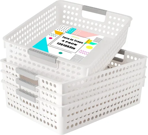 Bandejas de papel para el aula, paquete de 4 bandejas de papel para el aula, cestas de almacenamiento de plástico con asas, colorida organización