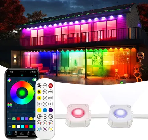 Luz permanente para exteriores, 100 pies con 72 luces LED de alero, luces RGB inteligentes para exteriores con 75 modos de escena, IP67 resistente