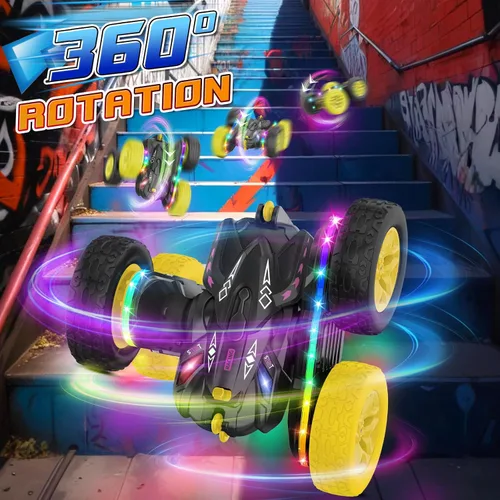 Miniatura 3 de Jimdella Auto de control remoto, autos RC con tira de luz lateral y faros, auto de acrobacias RC giratorio de doble cara de 360°, juguetes todo LED