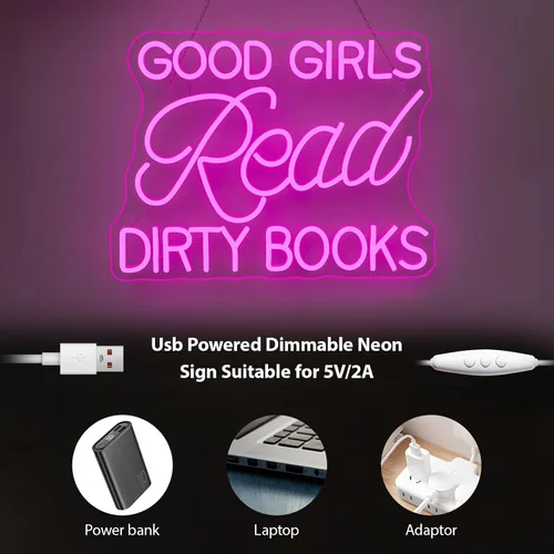 Miniatura 6 de Letrero LED de neón para decoración de pared, con texto en inglés "Good Girls Read Dirty Books", luz de neón regulable para el hogar, libro, fiesta