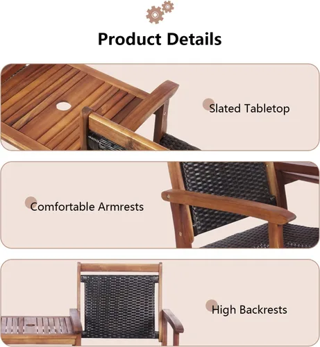 Miniatura 6 de HAPPYGRILL Patio Bistro - Juego de sillas de madera de acacia con mesa auxiliar, banco de mimbre de ratán 3 en 1 con agujero para sombrilla