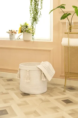 Miniatura 2 de Mkono Cesta decorativa de cuerda de algodón de macramé y organizador de almacenamiento de macramé bohemio para el hogar, dormitorio, sala de estar