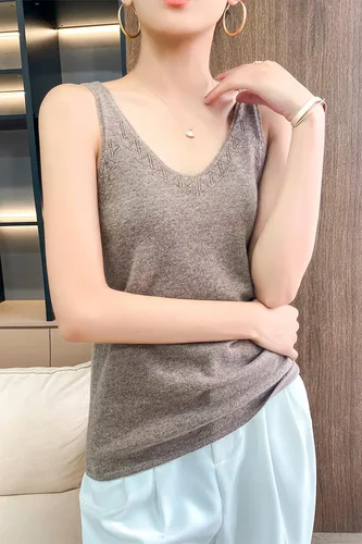 Miniatura 4 de LINY XIN Chaleco de punto con cuello en V para mujer, 100% lana merina, sin mangas, suéter sólido, chalecos clásicos