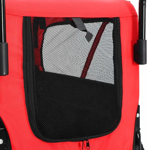 Miniatura 6 de Remolque de bicicleta para mascotas 2 en 1 y cochecito para perros pequeños, diseño rojo/negro con ruedas giratorias 360, tela Oxford duradera, base