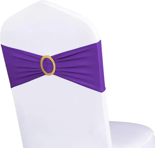 Miniatura 17 de Paquete de 50 bandas elásticas para sillas de bebé azul para boda, bandas elásticas de licra con hebilla deslizante, arcos de sillas de spandex