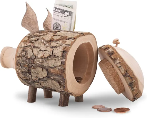 Miniatura 7 de Forest Decor Alcancías de madera – Adorable figura de cerdo para niñas y niños – Caja de dinero de ahorro de madera para adultos – Bonita decoración